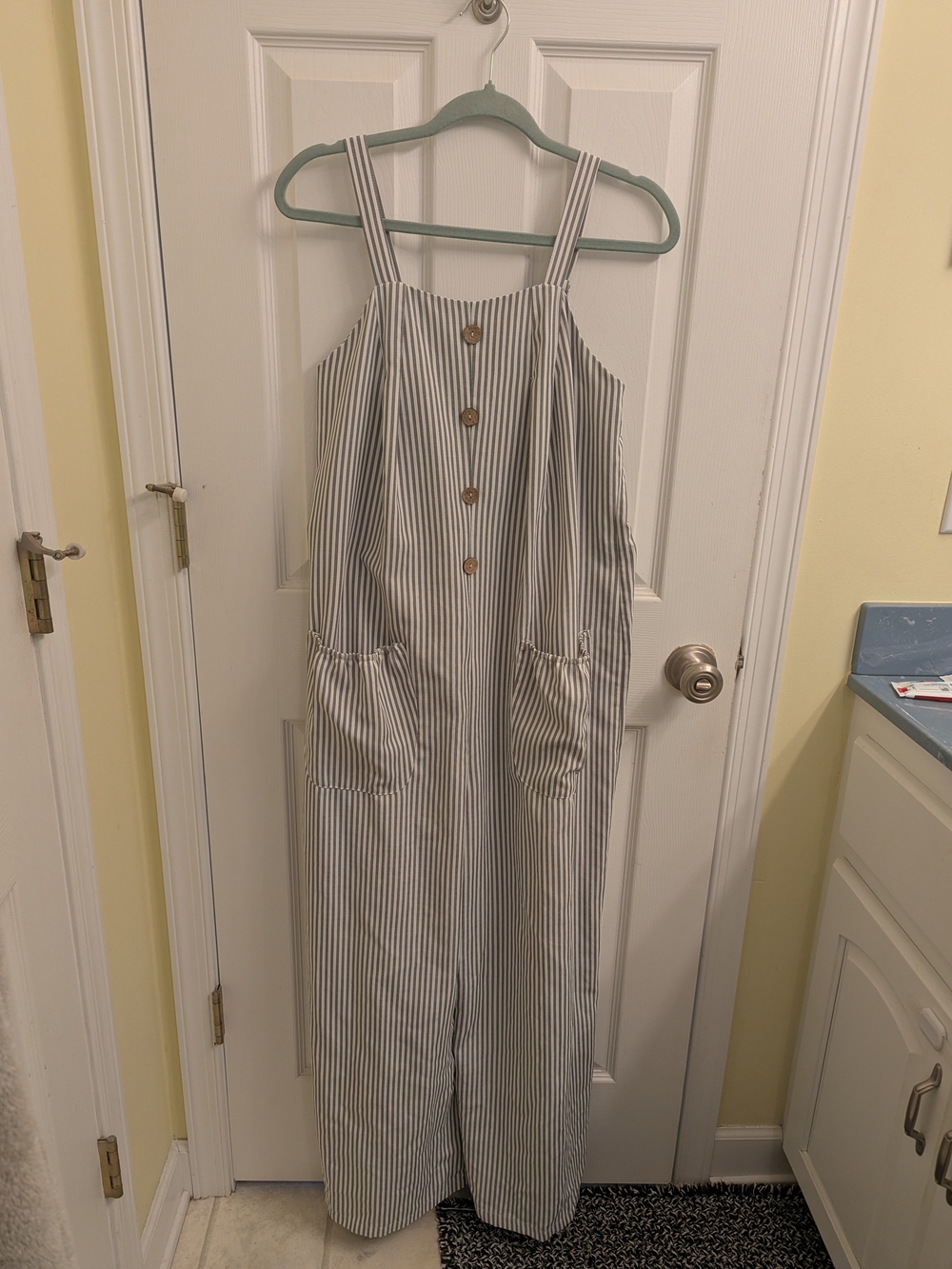 SHEIN Striped Button-Front Wide-Leg Jumpsuit - White & Gray
